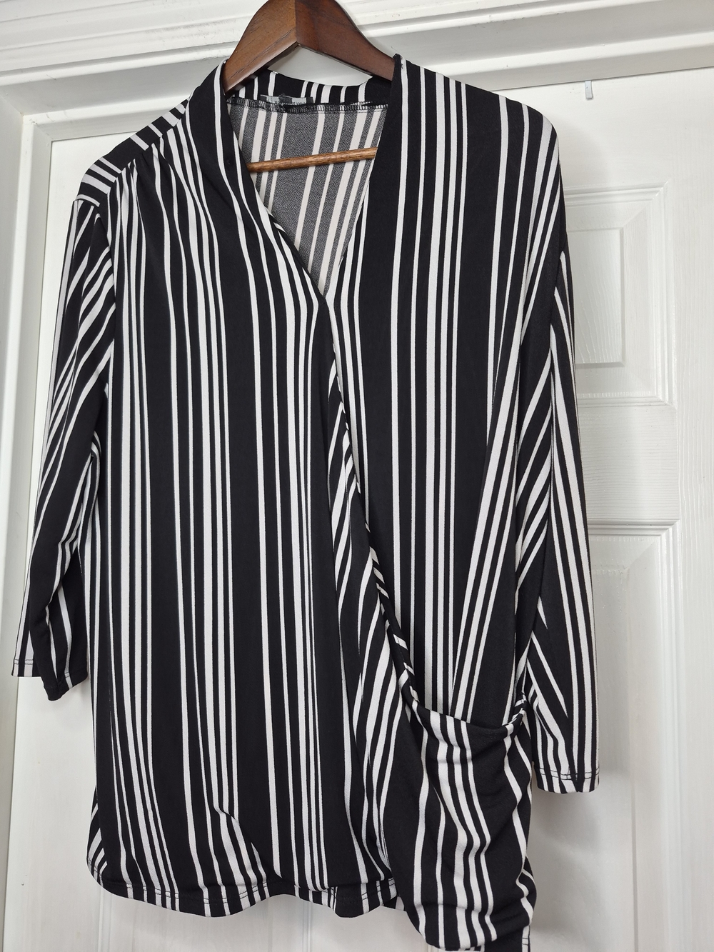 Adrianna Papell Black and White Vertical Stripe Wrap Blouse